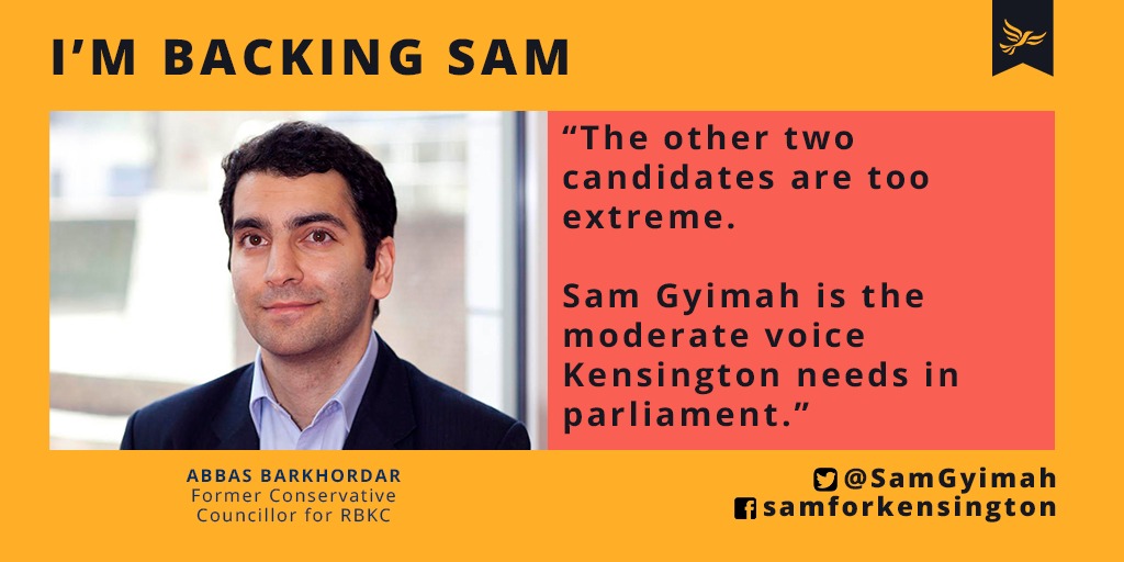 SamGyimah's tweet image. Abbas is a former local Conservative Councillor in Kensington.  He joins Conservative stalwarts Tim Sainsbury and Michael Heseltine in rejecting the extremes to back me and the @LibDems on Thursday. #SamForKen #GeneralElection19