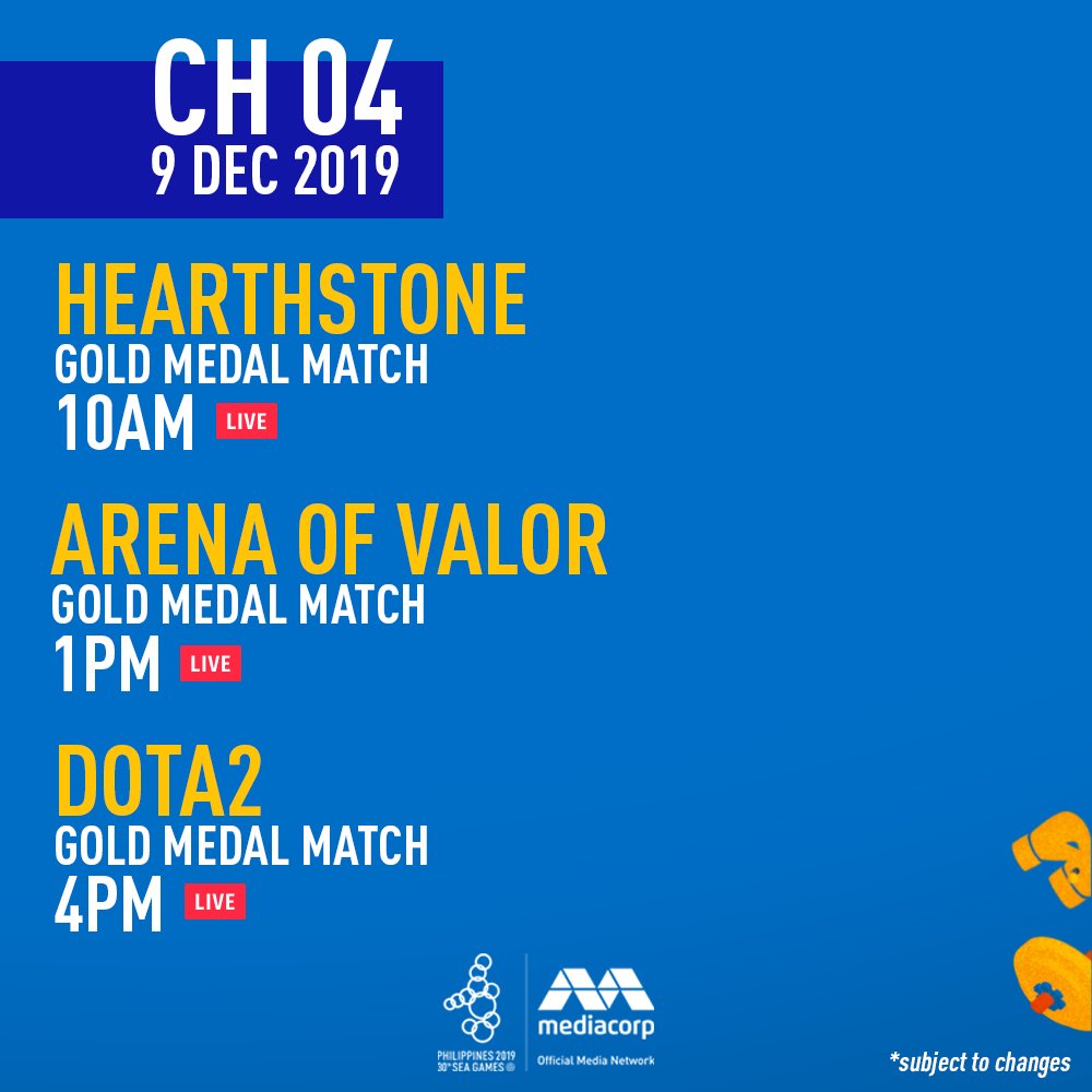 We're in Day 9 of the 30th SEA Games and if you're a big e-Sports Fan, today's your BIG DAY as we bring you the Gold medal matches of #Hearthstone , #ArenaofValor and #Dota2!

Watch the 30th SEA Games FOR FREE on Toggle - bit.ly/SEAGames2019

#SEAGames2019 #eSports