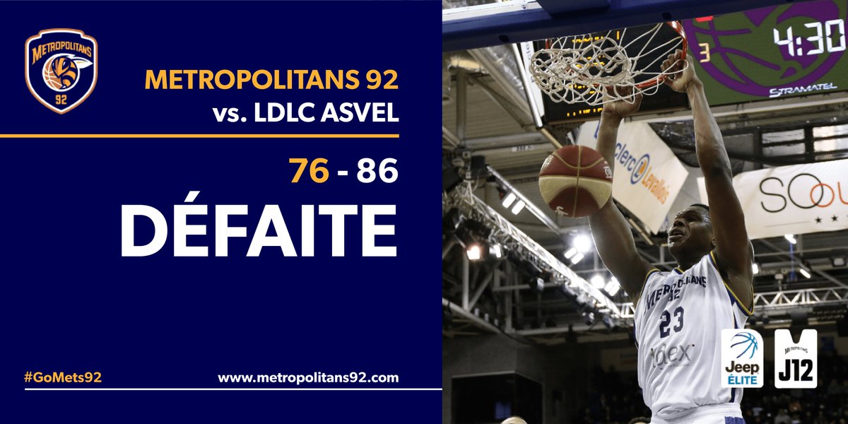 Metropolitans92's tweet photo. Nos Metropolitans 92 n'ont pas réussi à arrêter la foudre @LDLCASVEL ! Notre équipe s'incline 76-86 au Palais des Sports Marcel-Cerdan, et concède ainsi sa première défaite à domicile.
#Boulogne #Levallois #Metropolitans92 #GoMets92 #J12 #JeepElite #METSASVEL https://t.co/ZSmkFj70iY