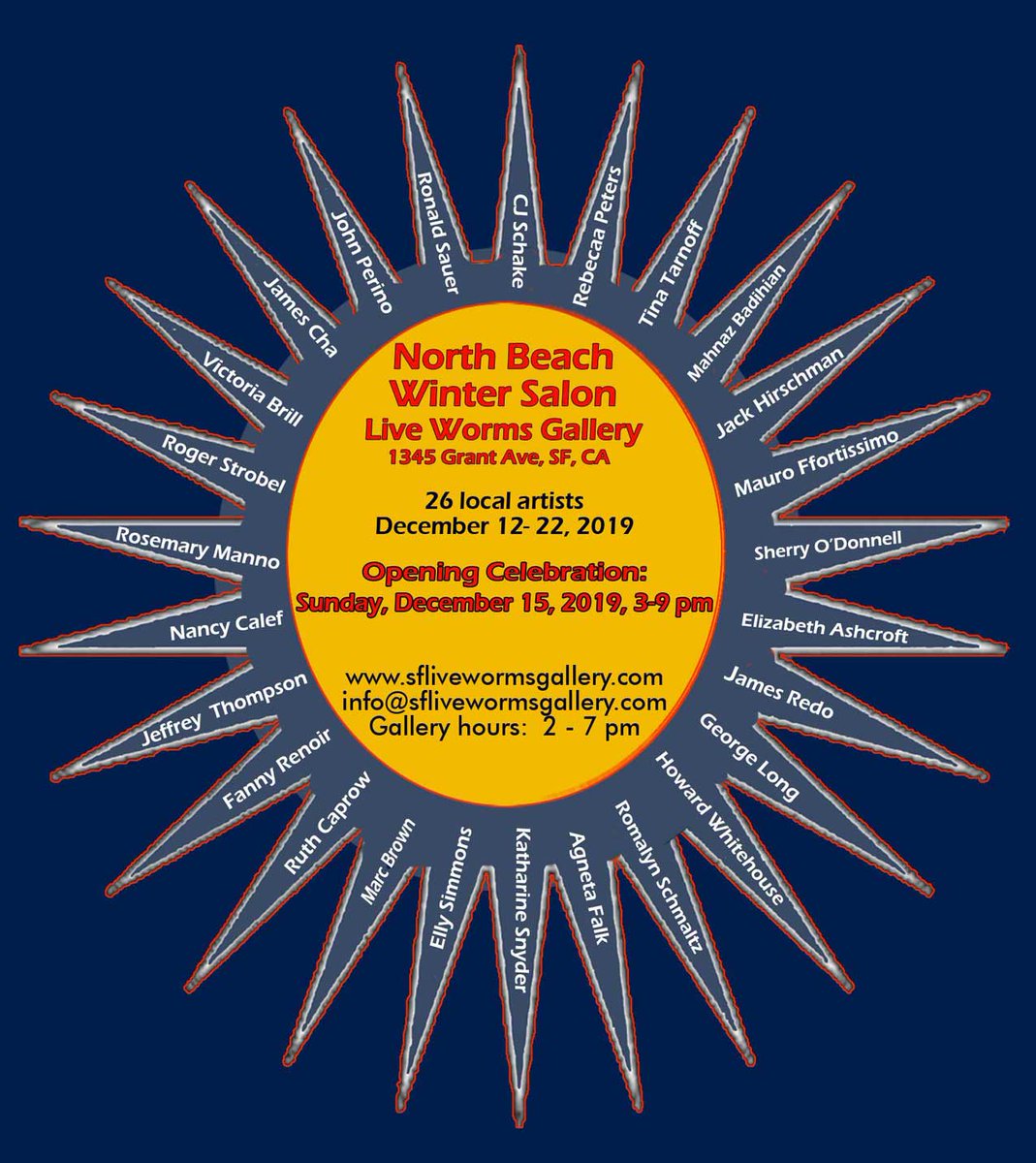 SFLiveWorms's tweet photo. North Beach Winter Salon - Dec. 12-22, Opening Reception, Sunday, Dec 15, 3-9 p.m.  26 local artists https://t.co/IX0cb55PQy
