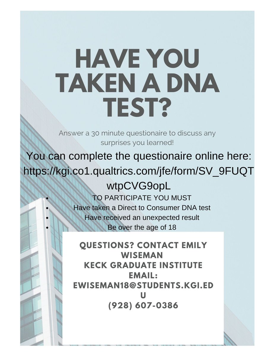 EmilyMSGC's tweet image. You're invited to participate in a research study to explore the psychosocial effects of unexpected findings on Direct to Consumer DNA tests.

Survey Link:kgi.co1.qualtrics.com/jfe/form/SV_9F… #Genetics #PNE #DirectToConsumer #PaternityNotAsExpected #DNA