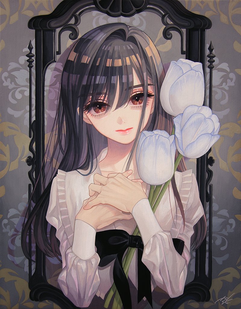 1girl flower solo long hair brown eyes black hair looking at viewer  illustration images