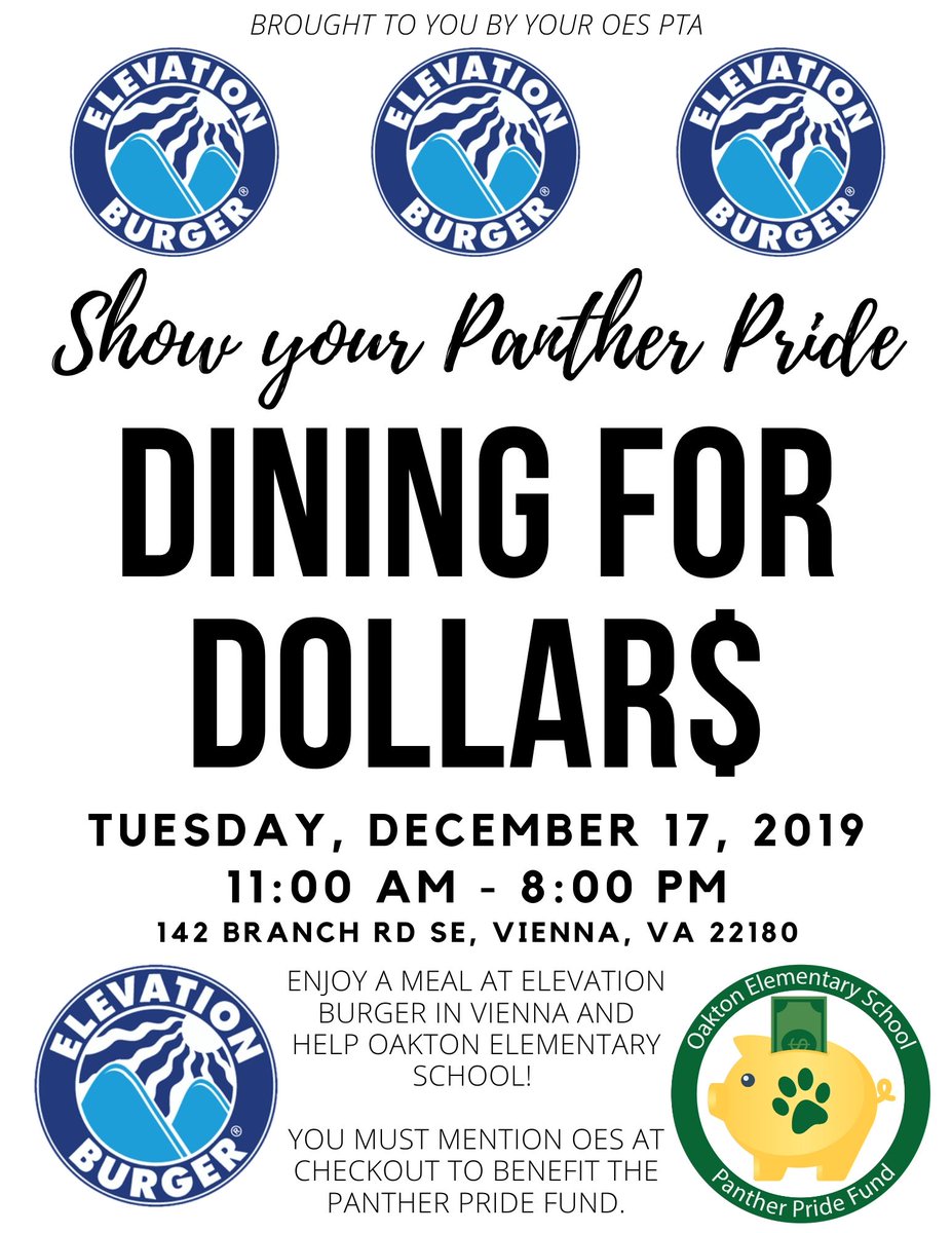 TIME CHANGE: Our upcoming Dining for Dollars at Elevation Burger will end at 8:00 pm on December 17th. We'll see you there!!!