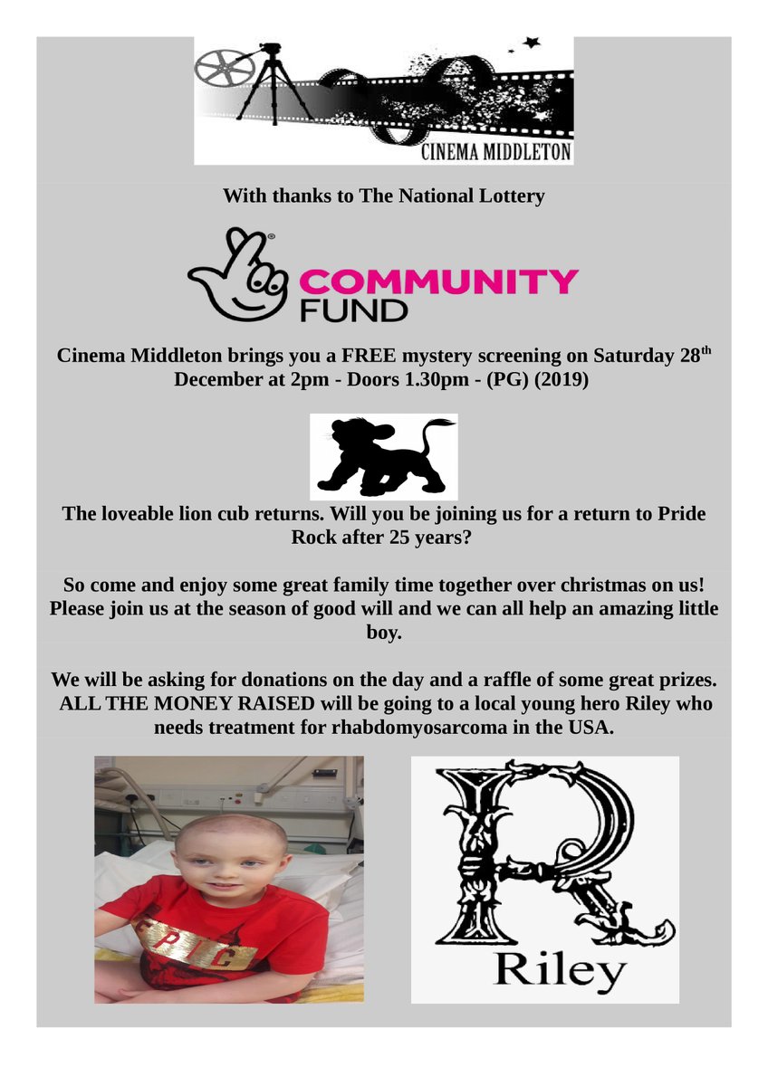 CinemaMiddleton's tweet photo. We are doing a FREE screening to raise funds for Riley a child from our village who requires experimental cancer treatment in USA.

Are there any businesses or locals who can help us towards providing any raffle prizes to help raise these vital funds? Thank you for your support https://t.co/KegDLlFGcM