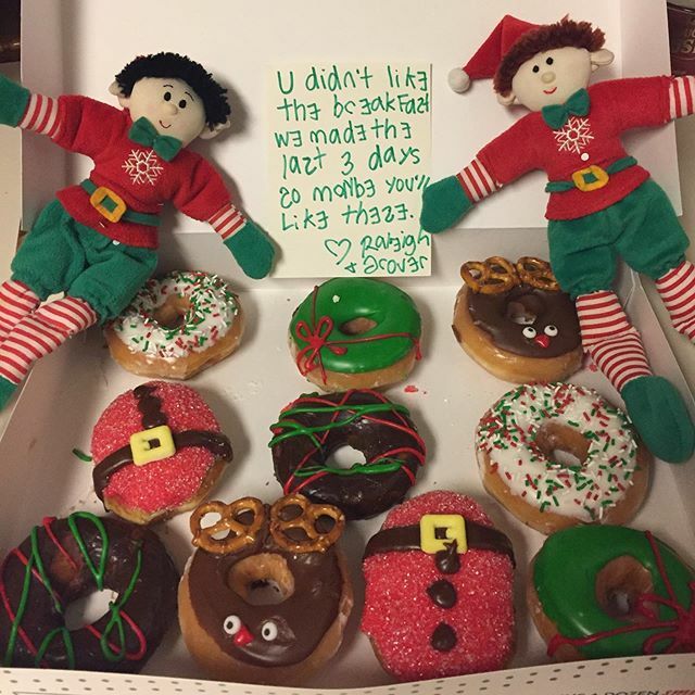 ADisneyMom's tweet photo. After failed milkshakes, cereal (the boys said did not taste good), and icing toast, I think #raleighandgrover hit a home run with Christmas doughnuts! #elfmagic #elfcapades https://t.co/hZg6bzpKvp https://t.co/oInlnLglDl
