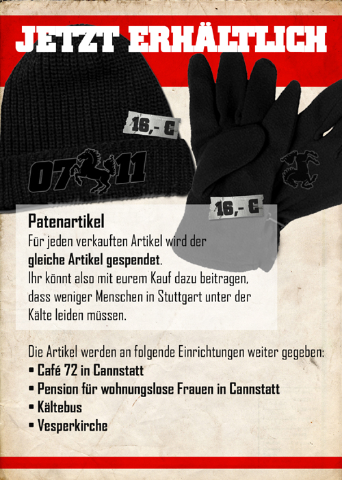 Ab sofort am Fanstand erhältlich - Patenartikel
Für jeden verkauften Artikel wird der gleiche Artikel gespendet:
- Café 72 in #Cannstatt
- Pension für wohnungslose Frauen in Cannstatt
- #Kaeltebus <a href="/DRKStuttgart/">DRK Stuttgart</a>
- #Vesperkirche #Stuttgart

cc97.de/neues-vom-fans…
#VfBFCN #VfB <a href="/VfB/">VfB Stuttgart 1893</a>