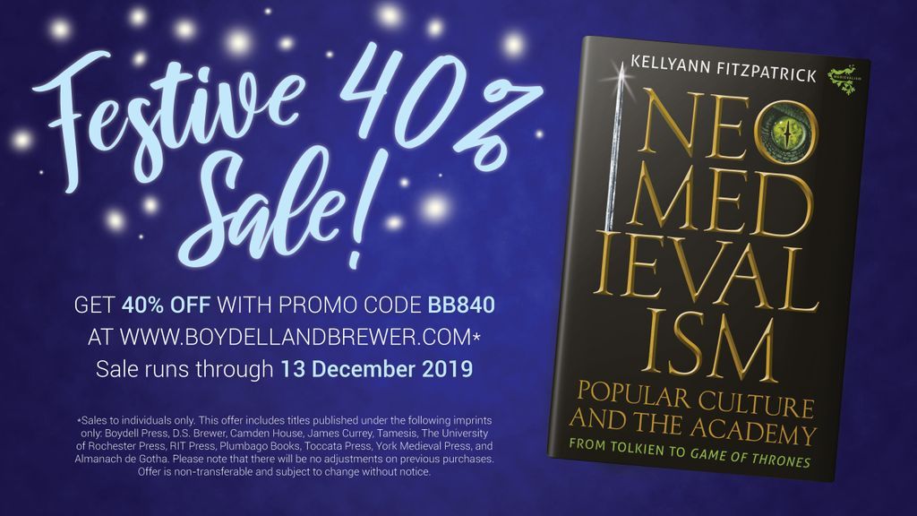 boydellbrewer's tweet photo. #Festive40 Sale Day 10! Explore the medieval in the modern world from #Tolkien to #GameOfThrones in @drkellyannfitz’s Neomedievalism, Popular Culture, and the Academy! Get 40% off w/promo code BB840 until Dec. 13th! https://t.co/kVDX3GtXBr #MedievalTwitter https://t.co/50xySCcZUn