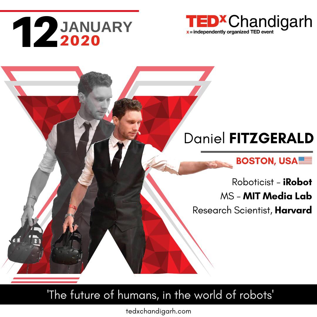 TedxChandigarh's tweet photo. #DanielFitzgerald -Ready to listen to this brilliant roboticist who is coming all the way from Boston to #Chandigarh to talk abt the future of human-robot interaction?
#TEDxChandigarh #iRobot #HumanRobotInteraction #IdeasWorthSpreading  #TheFutureReimagined #RobotsOfTheFuture #AI https://t.co/wowu1Hz9L9