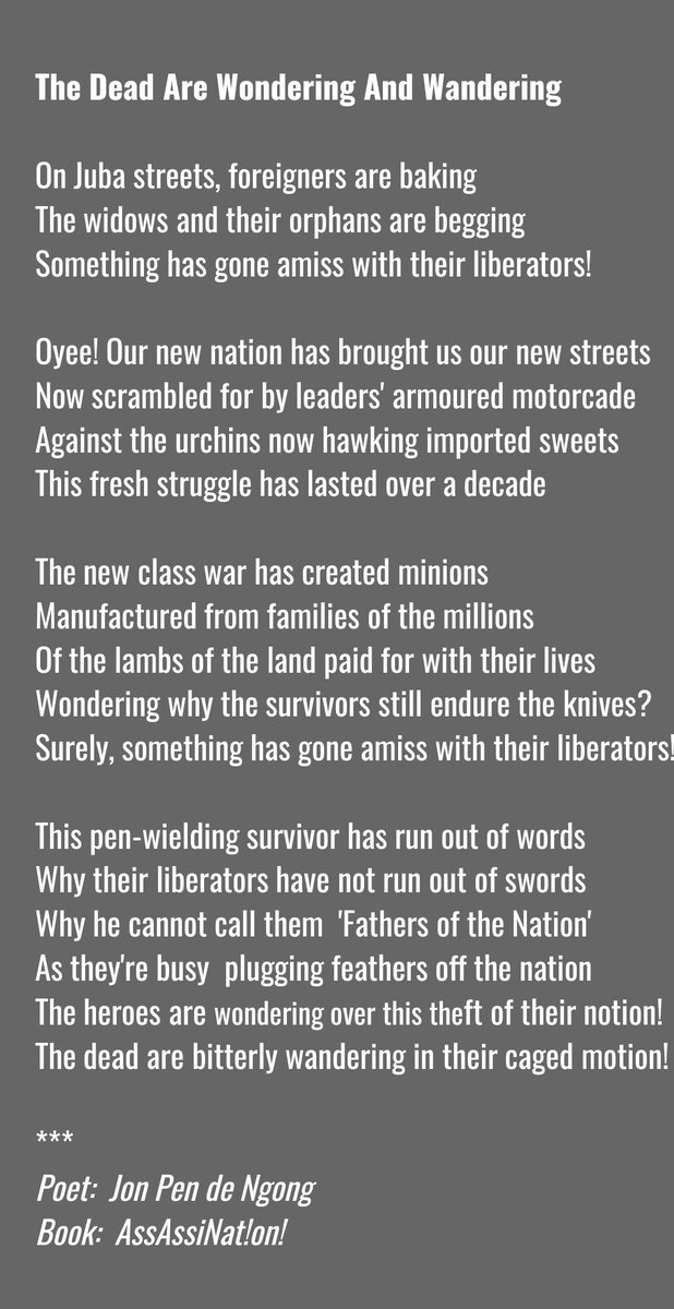 Jonnypenny's tweet photo. This Sunday, I am pondering and pandering, wondering and wandering on these thoughts. The dead are doing the same...
So , join us, will you?
#ScreenshortPoetry #AssAssiNation! #PoliticsInPoetics #SouthSudan #SSOT https://t.co/PmIOaLI7An