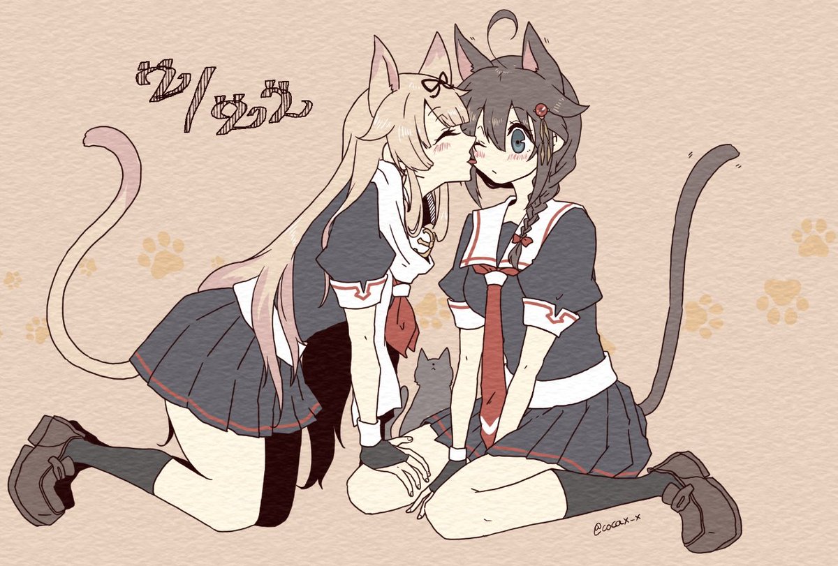 shigure (kancolle) ,shigure kai ni (kancolle) ,yuudachi (kancolle) ,yuudachi kai ni (kancolle) multiple girls 2girls animal ears tail school uniform braid long hair  illustration images