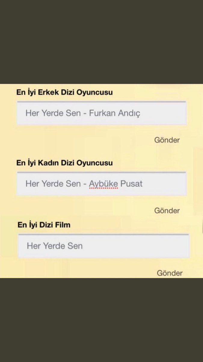 En iyi kadın dizi oyuncusu: #AybükePusat
En iyi erkek dizi oyuncusu: #FurkanAndıç
En iyi dizi film:
#HerYerdeSen
En iyi sinema filmi:
#Kapı
En iyi kadın sinema film oyuncusu:
#AybükePusat
En iyi reklam filmi:
#trendyolAybükePusatFurkanAndıç

turkiyegenclikodulleri.com