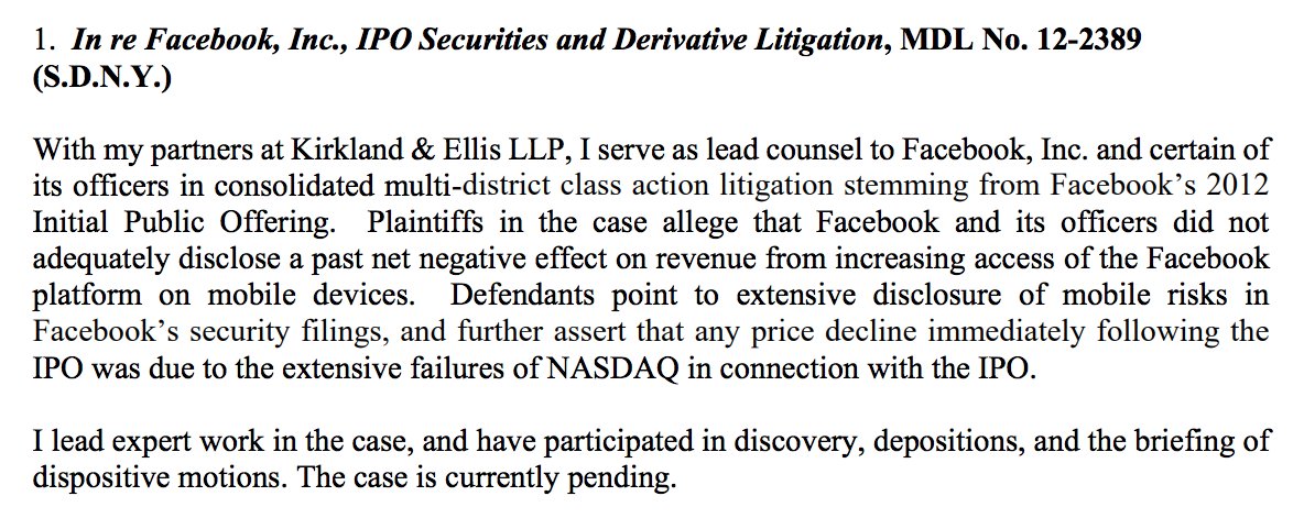 22/ She defended Facebook — and some of its officers —against class action litigation involving its 2012 IPO. She lead the work in the case and participated in discovery and depositions. http://bit.ly/35YeF6f 