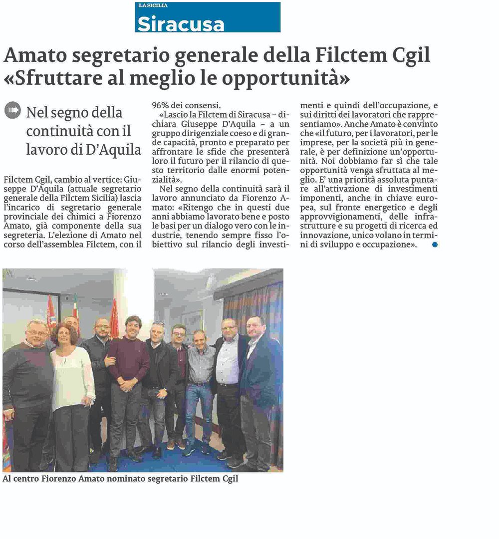 filctemcgilsr's tweet photo. La Sicilia - Siracusa: Fiorenzo Amato nuovo segretario generale
#filctemcgil #cgil #siracusa #fiorenzoamato https://t.co/1yLeayhXyx