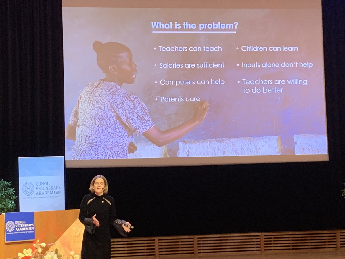 sree's tweet photo. In her @nobelprize lecture, Prof Esther Duflo explained in detail the research work she &amp; Prof Banerjee did w/ @Pratham_India @prathamusa, including ASER, the Annual Status of Education Report and TaRL, Teaching at the Right Level in India and parts of Africa. #NobelLectures2019 https://t.co/unUWFzOqqf