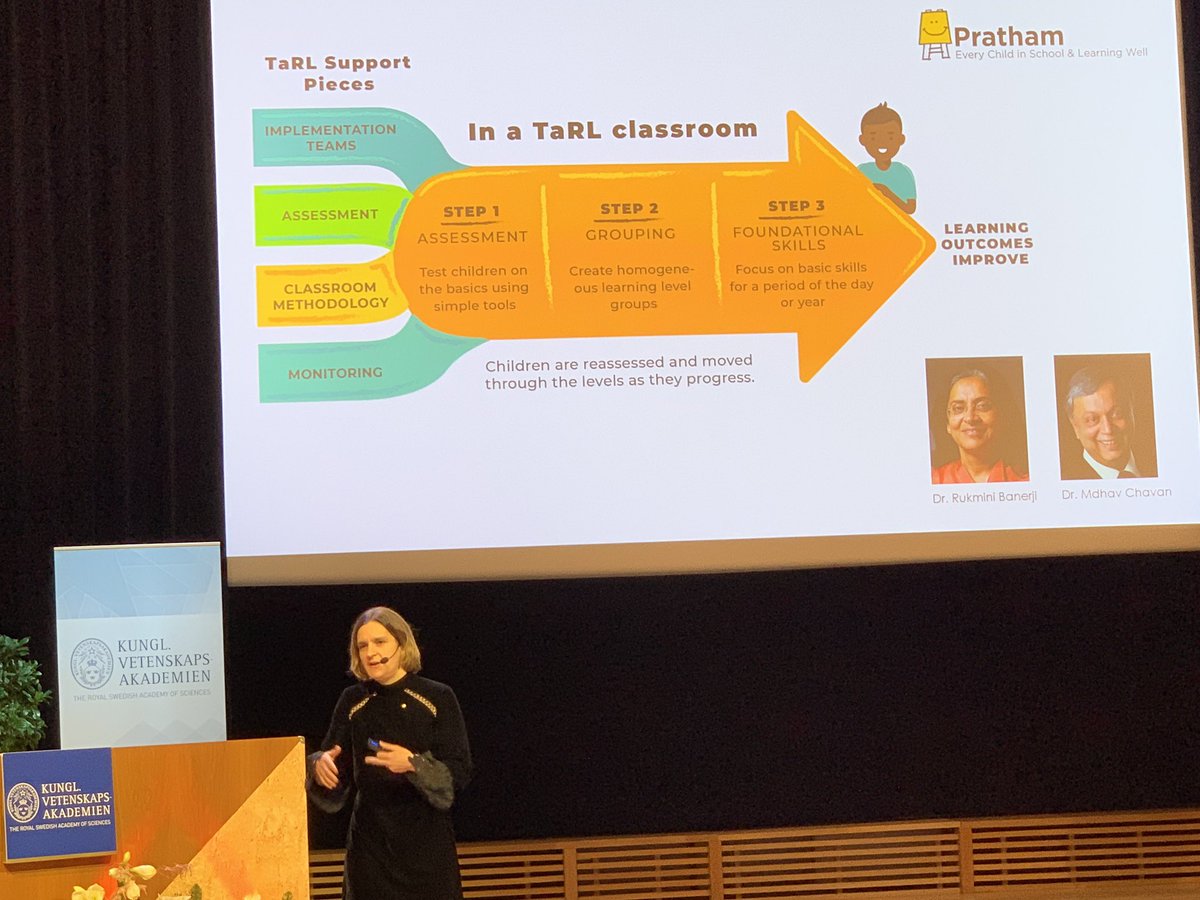 sree's tweet photo. In her @nobelprize lecture, Prof Esther Duflo explained in detail the research work she &amp; Prof Banerjee did w/ @Pratham_India @prathamusa, including ASER, the Annual Status of Education Report and TaRL, Teaching at the Right Level in India and parts of Africa. #NobelLectures2019 https://t.co/unUWFzOqqf