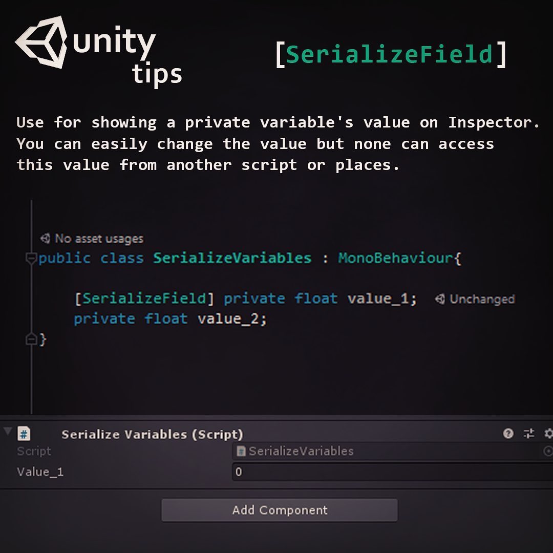 inkshapegames's tweet photo. #unitytips #1, Show private variable’s on inspector , don’t forget to follow me @unity3d @madewithunity @UnityDocs https://t.co/wQGKBhAY5X