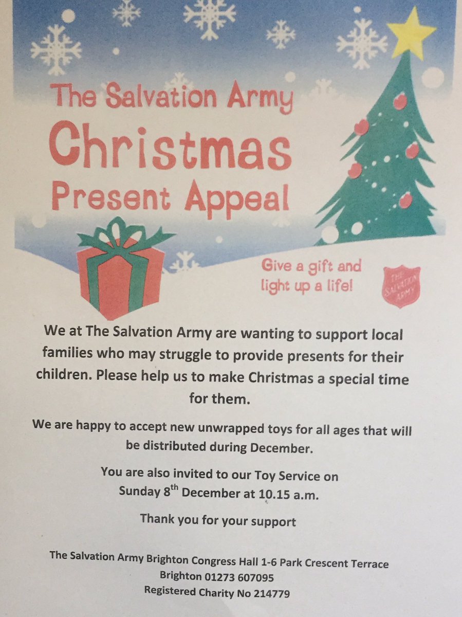AdrianDry1's tweet photo. Just a quick post for an appeal close to my heart. The Salvation Army (Brighton) are aware of 500+ children needing cheer this Christmas in the City. This week Toys will be gratefully received &amp; distributed from the site in Park Crescent Terrace. If you can please donate. Thanks https://t.co/iOplnuOq53