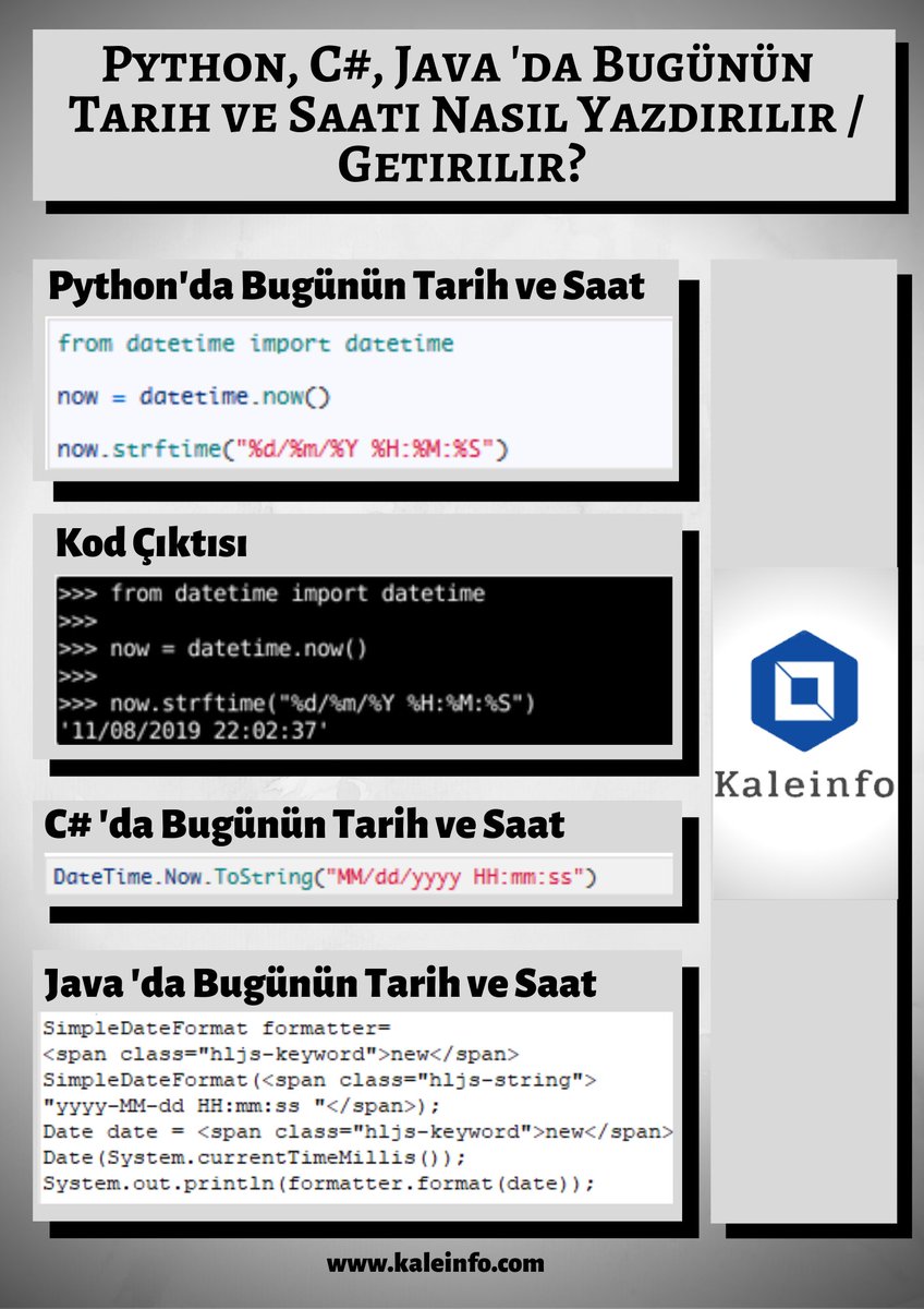 KaleInfoSec's tweet photo. Python, C#, Java 'da Bugünün  Tarih ve Saati Nasıl Yazdırılır  Getirilir?#C #C# #C++ #Java #Programming #Python #R #Visual_Basic https://t.co/MYUcnSBpGB https://t.co/vkdp9ihoH6
