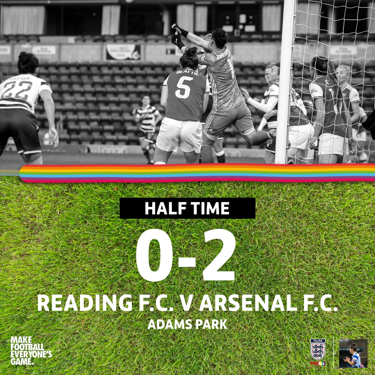 ReadingFCWomen's tweet photo. HALF TIME

The visitors lead at the break, still another 45 minutes to go

#RainbowLaces #REAvARS https://t.co/NkS4TG4HjL