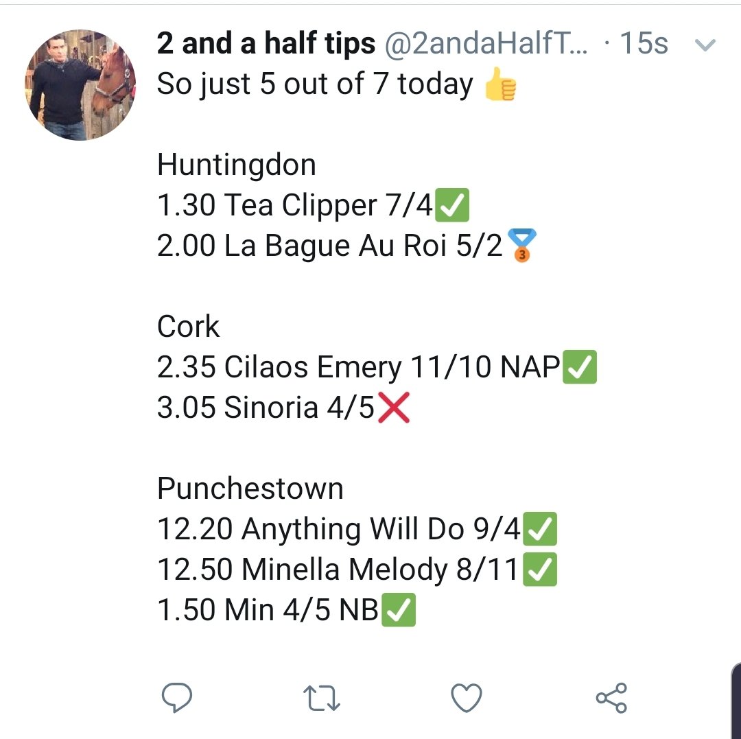 2andaHalfTips's tweet image. It's been a good weekend with 18 winners out of 22 tipped! With 3 winning NAPs and NBs in a row. RT and likes appreciated 👍
