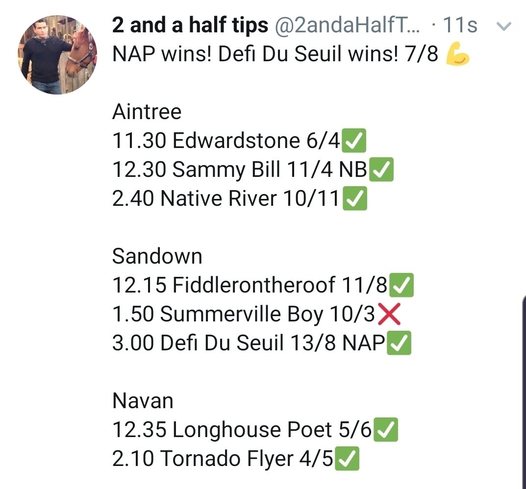 2andaHalfTips's tweet image. It's been a good weekend with 18 winners out of 22 tipped! With 3 winning NAPs and NBs in a row. RT and likes appreciated 👍