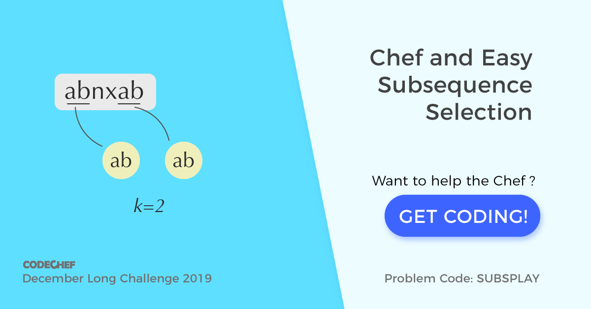 codechef's tweet photo. Given a string S. You are allowed choose two subsequences A and B of equal length with some rules. Can you find maximum length of subsequences possible ?
https://t.co/SqKxFs5TVf
#Codechef #DEC19 #SUBSPLAY https://t.co/tgd3NptH7J