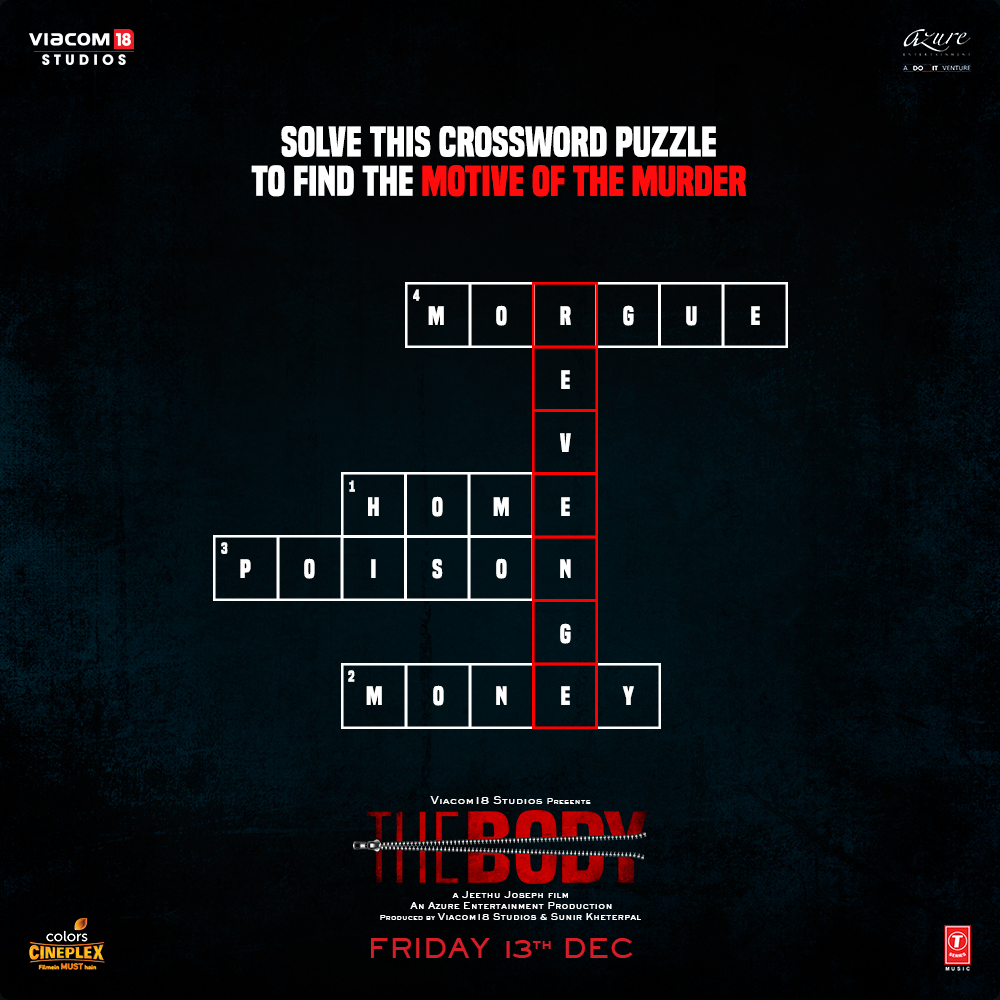 TheBodyMovie's tweet photo. Now that you know the real motive behind the murder, find out how the #TheBody went missing this December, Friday the 13th. #TheBody
@chintskap @emraanhashmi @sobhitaD @Vedhika4u @jeethu007 #TheBodyMovie @Viacom18Studios @iAmAzure @AndhareAjit @SunirKheterpal @TSeries https://t.co/vDxPYZ3bz5