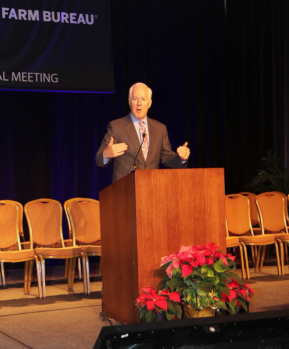 TexasFarmBureau's tweet photo. U.S. Senator @JohnCornyn discussing cattle fever tick funding, the farm bill and the need for #USMCA ratification. #txfbmeets https://t.co/qIXyvnJsmD