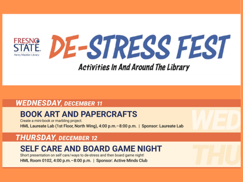 FresnoStLibrary's tweet photo. Library De-Stress Fest - choose some activities to give yourself a mental break during finals. Also: Mon/Tues - Make a Game Plan for Finals. Plan now, succeed later! #FresnoState #HMLDeStressFest #HappyFinals https://t.co/2o0abfDw0G
