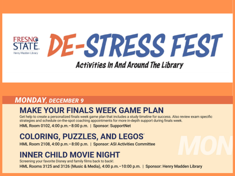 FresnoStLibrary's tweet photo. Library De-Stress Fest - choose some activities to give yourself a mental break during finals. Also: Mon/Tues - Make a Game Plan for Finals. Plan now, succeed later! #FresnoState #HMLDeStressFest #HappyFinals https://t.co/2o0abfDw0G