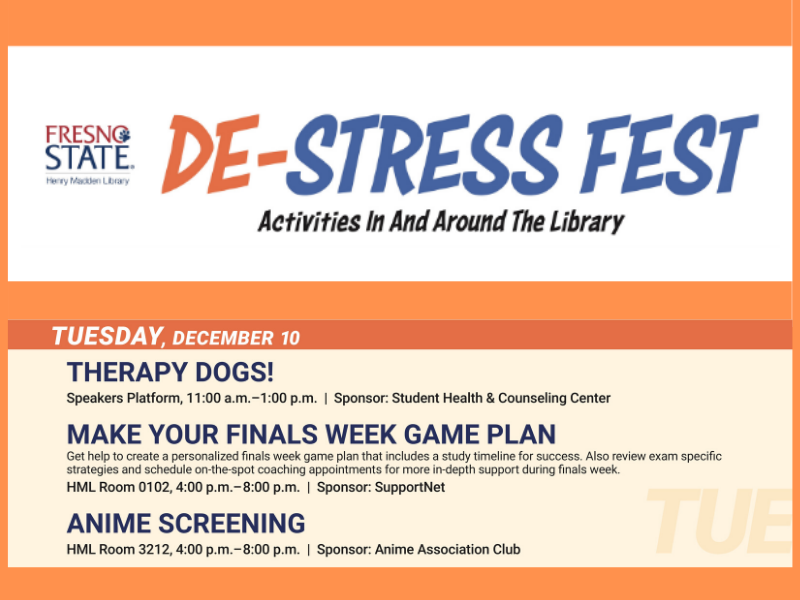 FresnoStLibrary's tweet photo. Library De-Stress Fest - choose some activities to give yourself a mental break during finals. Also: Mon/Tues - Make a Game Plan for Finals. Plan now, succeed later! #FresnoState #HMLDeStressFest #HappyFinals https://t.co/2o0abfDw0G