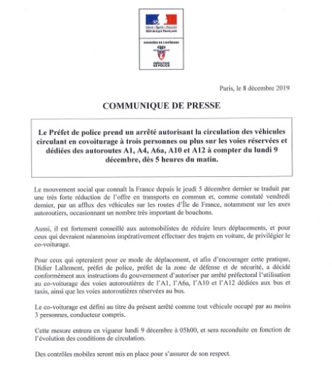 Prefet91's tweet photo. Un arrêté du Préfet de Police pris ce jour autorise le lundi 9 décembre dès 5h00 du matin la circulation des véhicules circulant en covoiturage, à 3 personnes au moins, sur les voies réservées et dédiées des autoroutes A1, A6a, A10 et A12 https://t.co/m5KpuqL59U