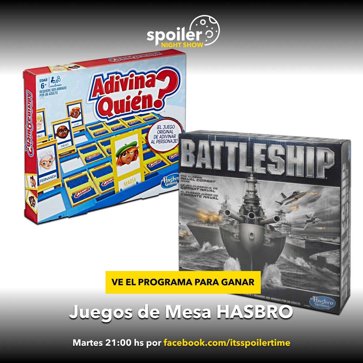 <a href="/BandaiMexico/">Bandai México</a> <a href="/RanaFonk/">Rana Fonk</a> <a href="/SOFIADELLACA/">Sofía De Llaca</a> ¡Gana un juego de mesa de #Hasbro!

El martes a las 9 pm en #SpoilerNightShow te diremos cómo puedes participar: facebook.com/events/2591949….