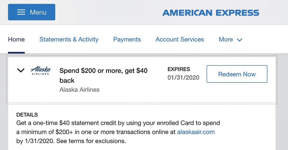 Check your #AmEx Offers for this big money saver!  Make sure to add it to your Platinum card for 5X Membership Rewards points.  Even if you won't use it, always good to click add, you never know!

Spend $200 get $40 back on @alaskaair 

#americanexpressplatinum #americanexpress
