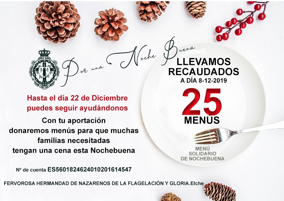 ¡Ya llevamos 25 menús!

¡Recuerda que puedes seguir participando por una Noche Buena para todos!

#Nochebuena #FlagelacionYGloria #MenuSolidario