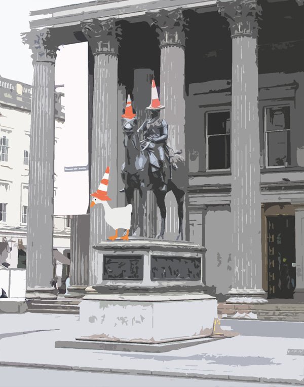 A goose wearing a traffic cone as a hat in front of the statue of Wellington on a horse in Glasgow. They too wear traffic comes as hats.