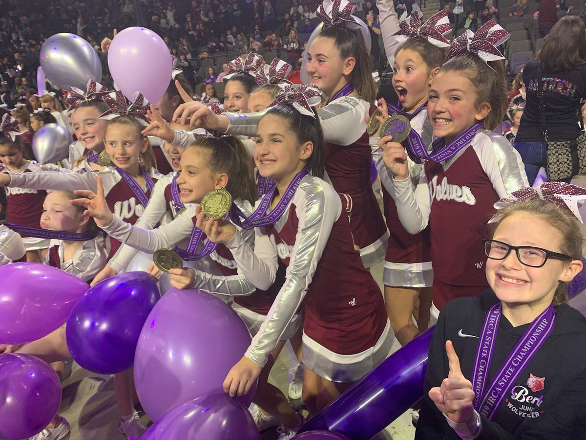 SraJarvis's tweet photo. Big day for my girls this weekend. The little took the state title and the big took 2nd place in her first comp of their season. #hereforthecheer #PRcheer #juniorwolvescheer https://t.co/druhCdH8ba