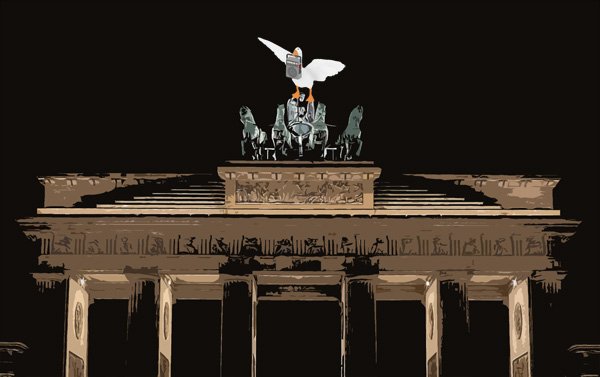 Goose holding a radio on top of Brandenburg gate.