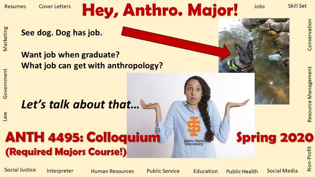 ISUAnthro's tweet photo. The class is W 12:00-12:50.
Anth. 4495: Colloquium is required for majors. This spring semester we will hear from a variety of guest speakers to learn about job and research opportunities and start building job portfolios with skills from an anthropology degree in mind. https://t.co/Y5iYFGijtN