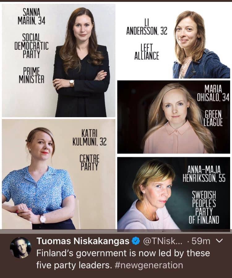 heidiyli's tweet photo. Wow. These female #trailblazers are leading Finland now, in a coalition government of 5 parties. Bit of a contrast to what’s happening over here in the UK 😫 #NewGeneration #WomenLead https://t.co/APNDeOwcZw