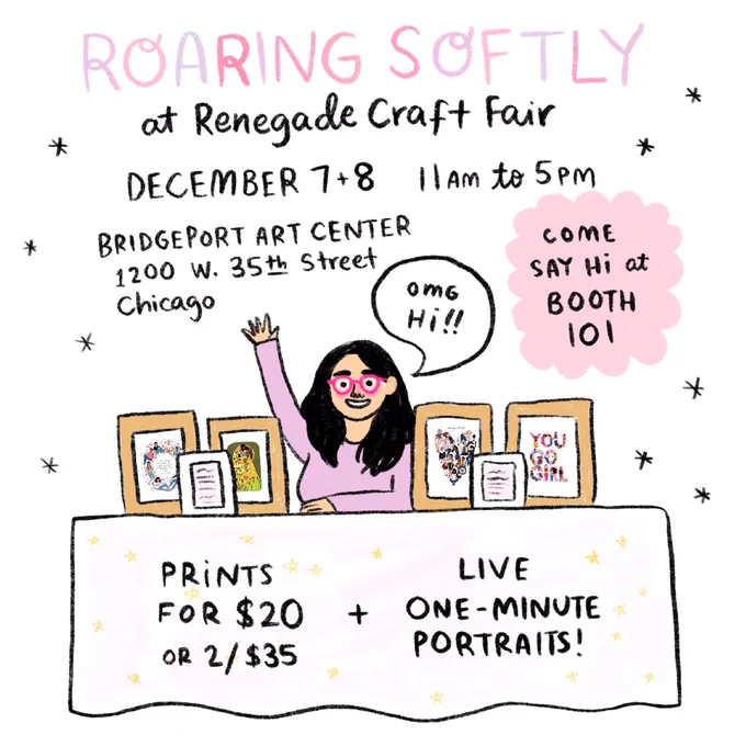 Today's my last craft fair day of 2019!! I'm at @renegadecraft until 5 selling prints and doing live one-minnies!  Chicago friends, come say hi at Bridgeport Art Center, Booth 101 ? 