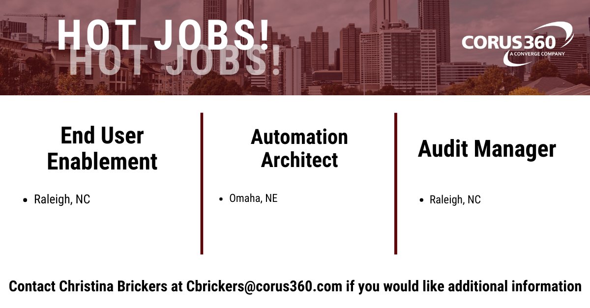 CorusStaffing's tweet photo. Happy Sunday! Don't miss out on these new job opportunities. Follow the link to learn more or reach out to Christina Brickers at Cbrickers@corus360.com. https://t.co/RiCBfftpvP

#Raleigh #NC #Omaha #NE #Architect #Manager #EndUser #Nebraska #NorthCarolina https://t.co/BZ7Y6Z3mwc