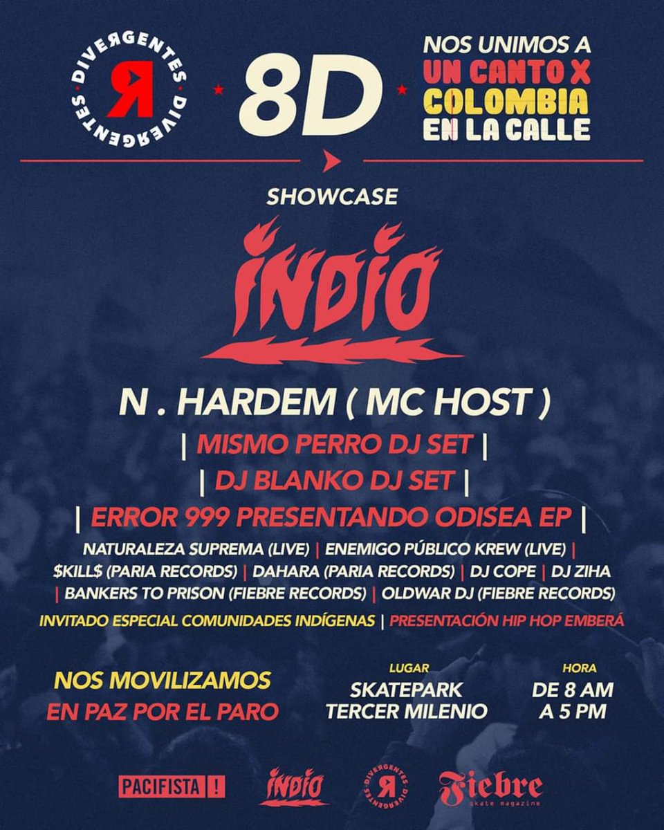 Newspresso_col's tweet image. PARO NACIONAL 🇨🇴 | Les recordamos que nuestros amigos de #SelloIndio (@n_hardem @ruztosoy y compañía) tienen un segundo circuito de #UnCantoXColombia en el Parque Tercer Milenio. Apoya @Pacifistacol . #ParoNacionalIndefinido #conciertodelparo #ParoNacionalColombia #8D @CopeLtda