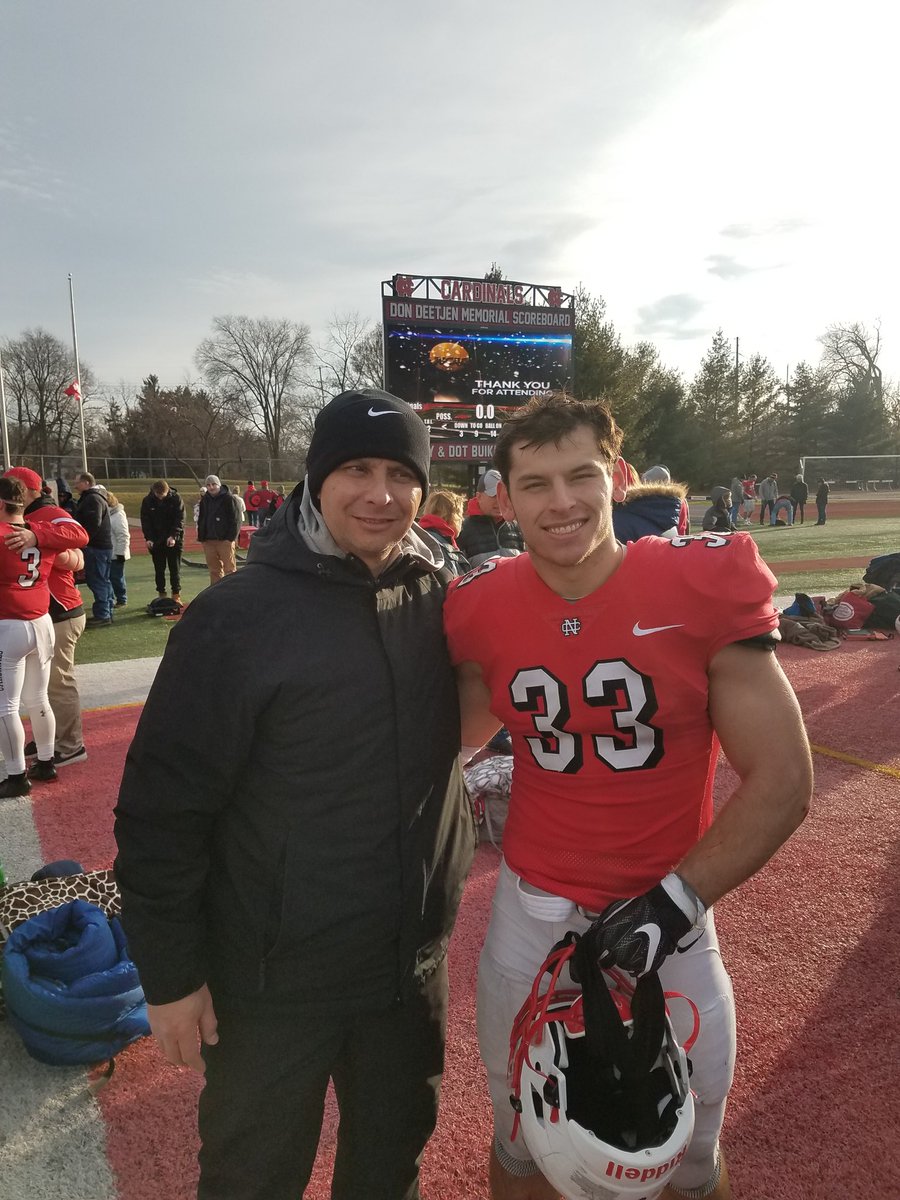 GeoffWong2's tweet photo. Another big win for NCC football on @monicaewong bday. Coach Brett Papoccia from NCHS in the stands to cheer on the #Normalboys as North Central College advances to the final 4 of the D3 football playoffs. https://t.co/C5fAUYGovU