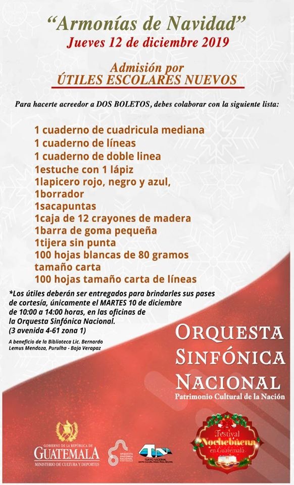 BiblLemus's tweet photo. ¡ATENCIÓN!
El último Concierto de  #OSNTemporadaNavideña será a beneficio de @BiblLemus el jueves 12 de diciembre en la Gran Sala del Centro Cultural Miguel Ángel Asturias a las 20.00 horas, el cual se titula #ArmoníasdeNavidad
Por cada bolsa de útiles darán dos entradas❤❤❤ https://t.co/Qfs1hHCGyh