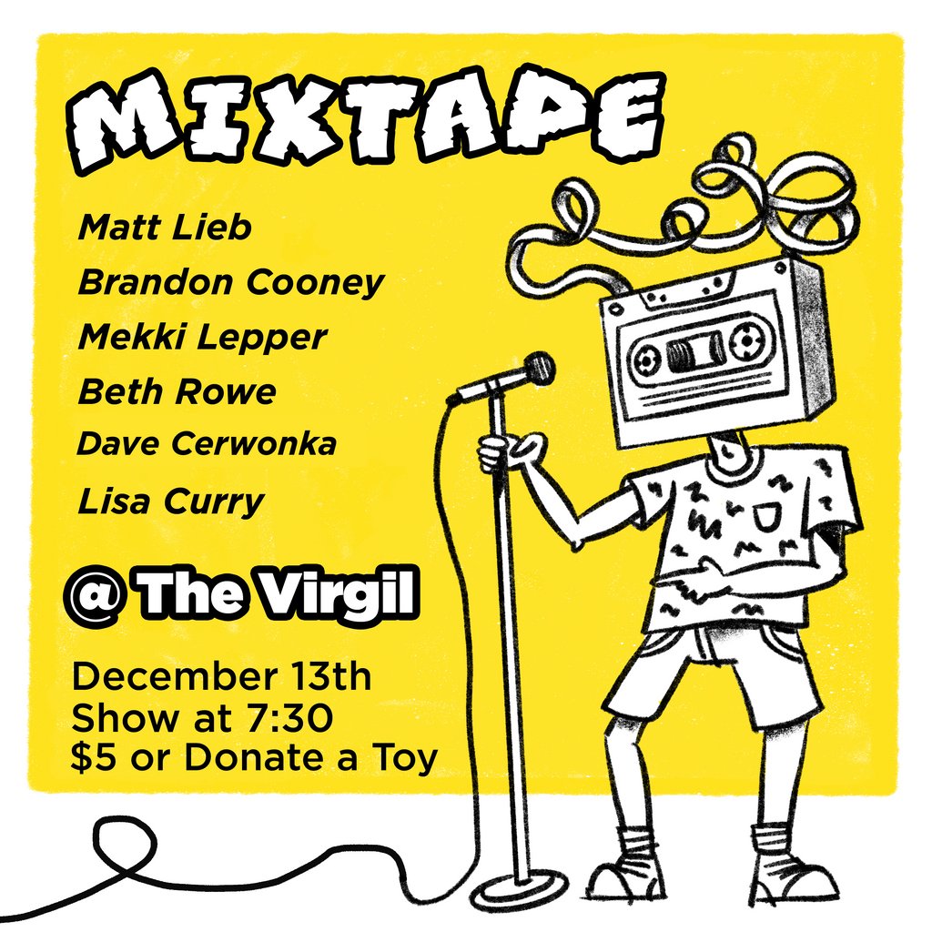 mixtapeLA's tweet photo. Stepping into 2020 with our new poster featuring... Tape Head. Nay, Tape Gyllenhaal. Nay, Tape Middleton. We'll figure it out by Friday. 

$5 tix OR DONATE A TOY! https://t.co/sjXp2eYptl