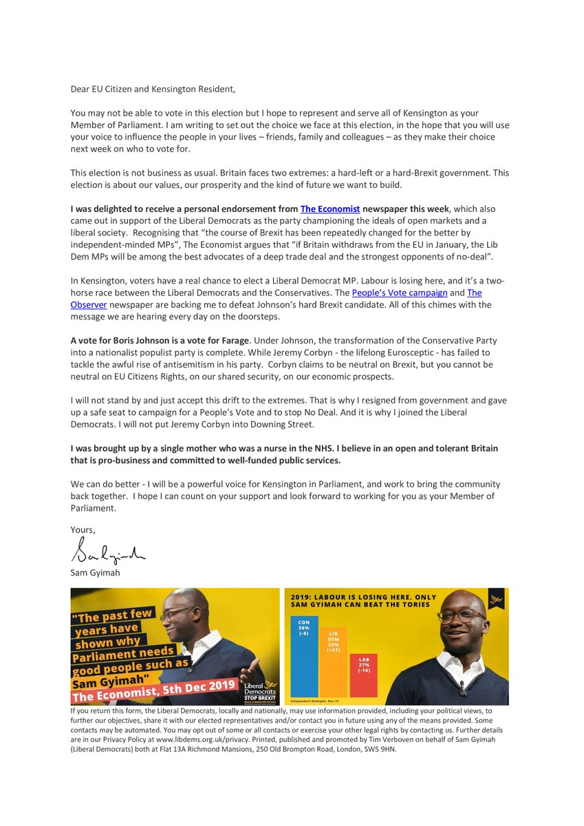 SamGyimah's tweet image. EU citizens in Kensington may not be able to vote in this election but it&apos;s their future too. Here&apos;s my message to them. #SamForKen #GeneralElection2019