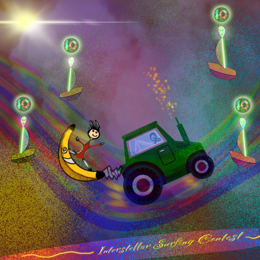 cavedawes's tweet photo. #SundayFunday @Procreate #artmash #art challenge using #surfingcontest #farmer #banana My scene has a tractor surfer riding the cosmos waves in this interstellar surfing contest & getting top marks for his fruity special move, plus I got to try out some new #procreate5 brushes! https://t.co/HHjbCktxp6