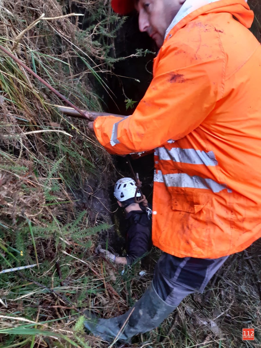 112Cantabria's tweet photo. #Rescate3PerrosCaza en el monte Caviña, en lo alto de #Labarces (#Valdáliga) entrando por finca Los Pinos. Los 3 perros han caído en una torca angosta de 10 metros de longitud, al seguir el rastro de un jabalí. Bomberos de #Valdáliga han conseguido rescatarlos en perfecto estado. https://t.co/Dr5t7HQ5bL