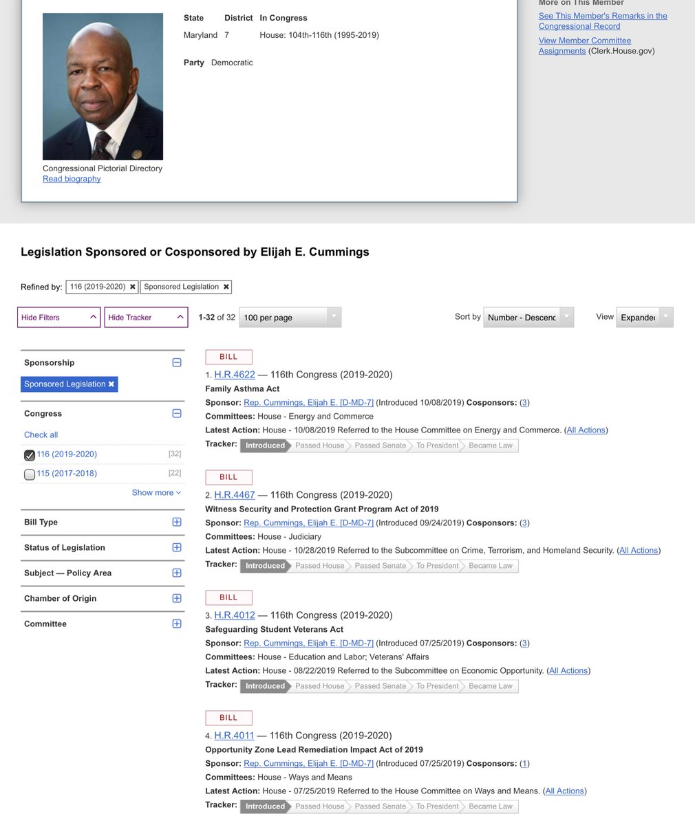 File411's tweet image. Let’s look at @RepCummings (it still hurts to acknowledge his passing)
As (then) chairman of OverSight Com - he still managed to sponsor 33 Bills.
He was so loved and is greatly missed - everyday.
May he Rest In Peace.
congress.gov/member/elijah-…